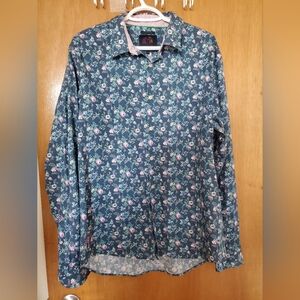John Lennon XL Blue Floral Button Up with embroidered face logo